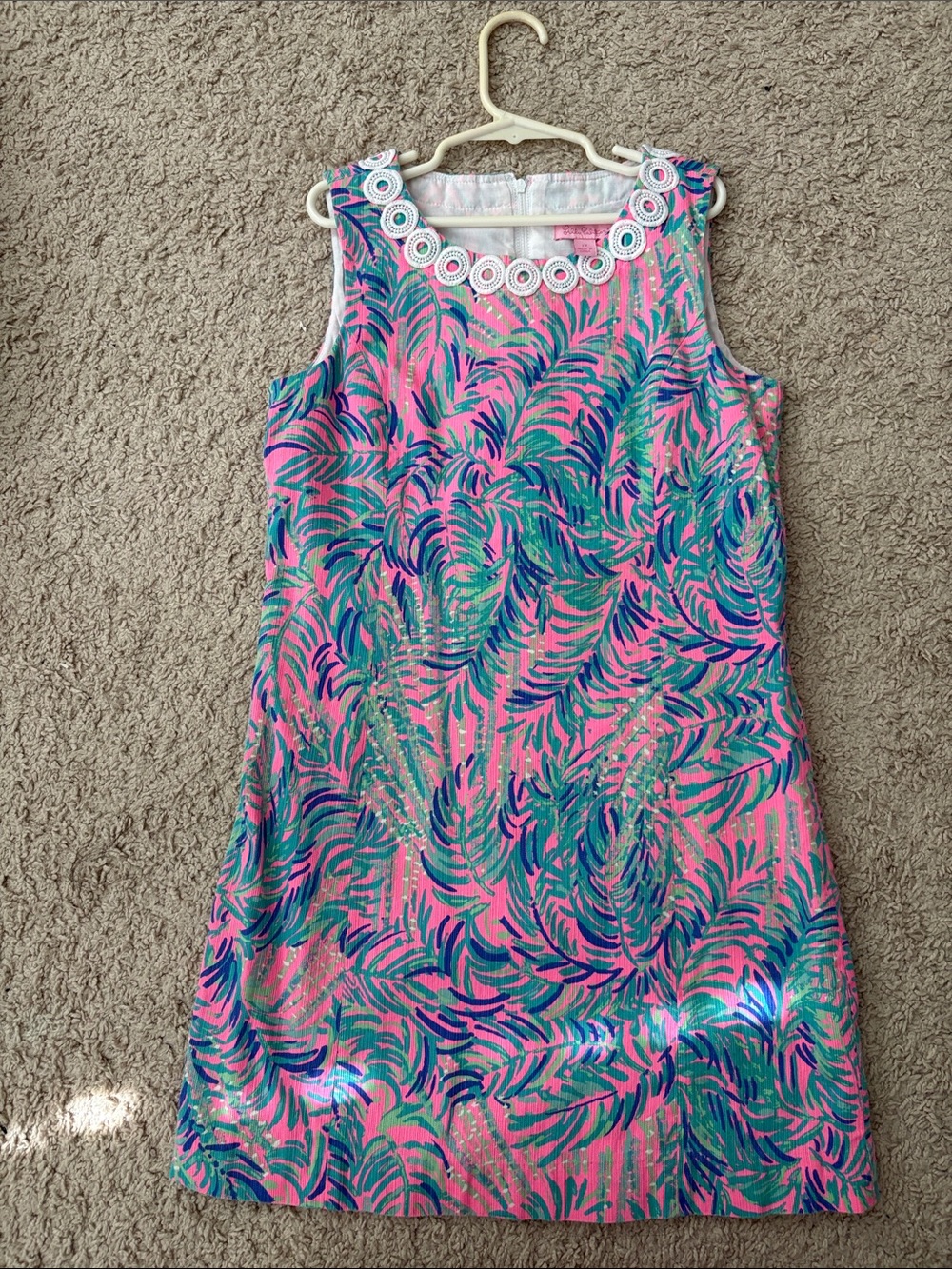 Lilly Pulitzer Pink Tropical Leaf Shift Dress with White Decorative Collar